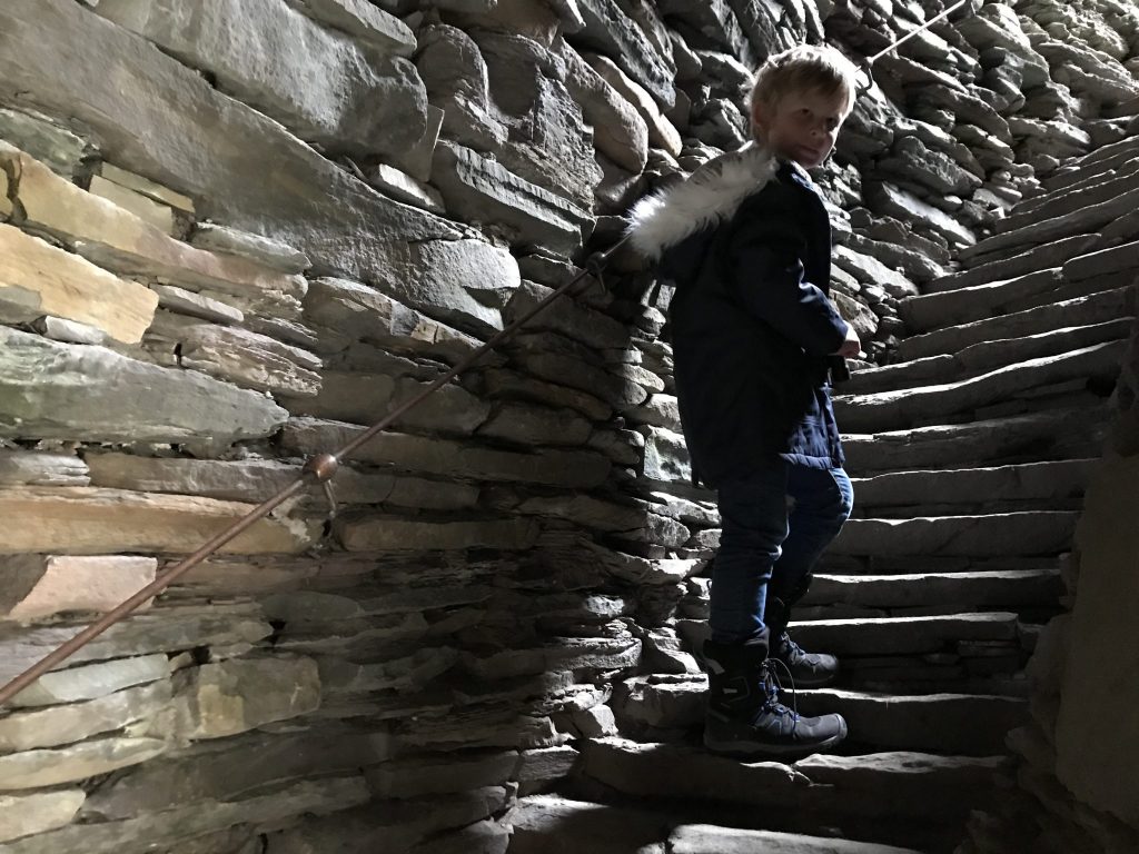 Walking up the Iron Age steps of Mousa Broch on Shetland