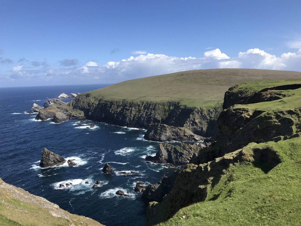 At the top of Hermaness National Nature Reserve on Unst, looking at the Muckle Flugga lighthouse and the birds, Shetland