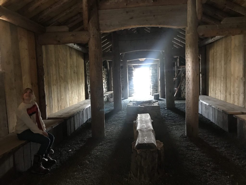 Inside a reconstructed Viking long house on Unst, Shetland