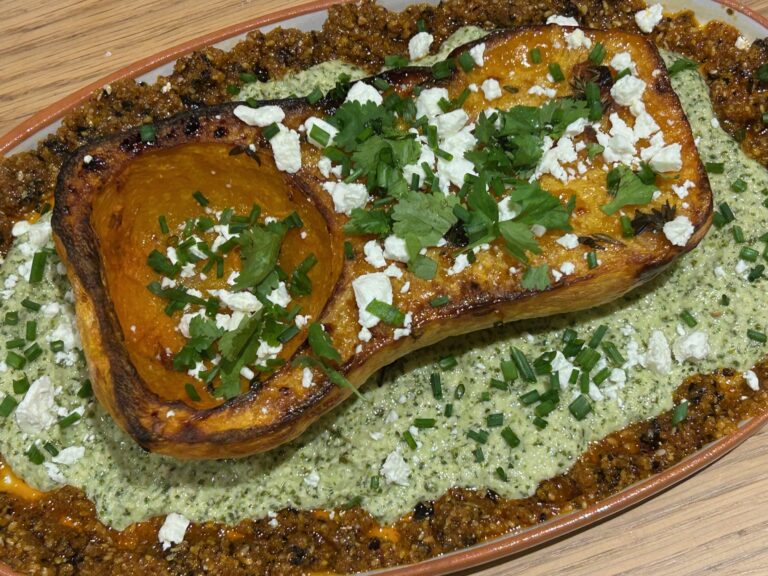 Roast butternut squash with cashew nut & herb mole and salsa macha