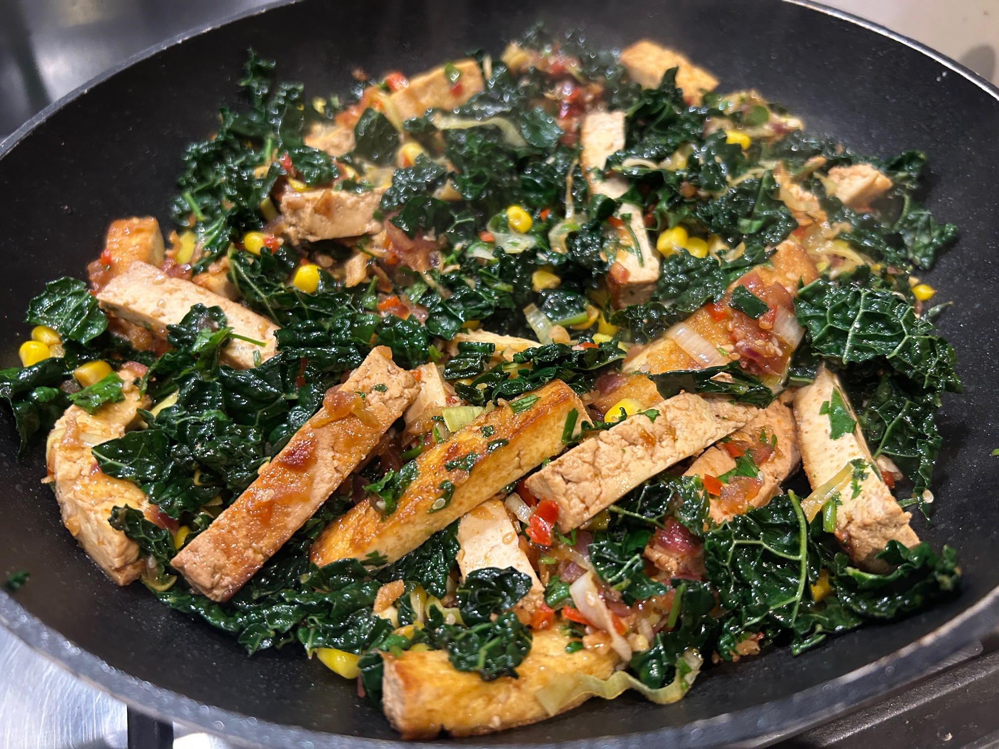 Crispy Tofu with XO sauce and greens - a vegan recipe