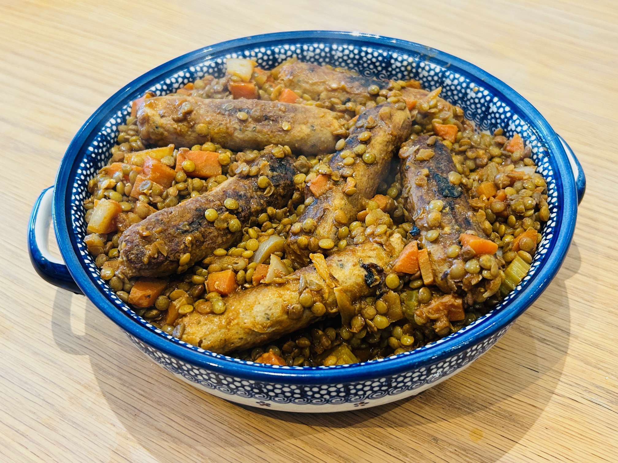 Vegan Toulouse sausage and lentil stew